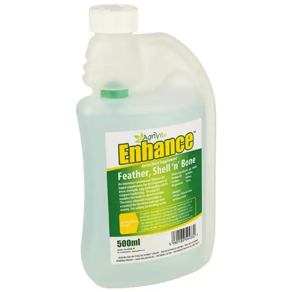 A translucent light green plastic bottle of agrivite enhance feather shell n bone supplement for developing bone strength