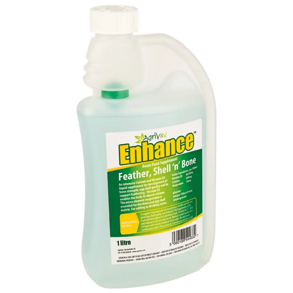 A translucent plastic bottle with white cap and green label containing light blue liquid for agrivite enhance feather shell n bone developing bone strength