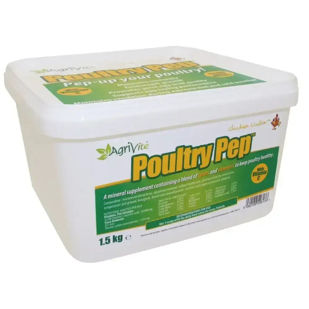 White plastic container of agrivite poultry pep mineral supplement with green and yellow label for poultry supplements