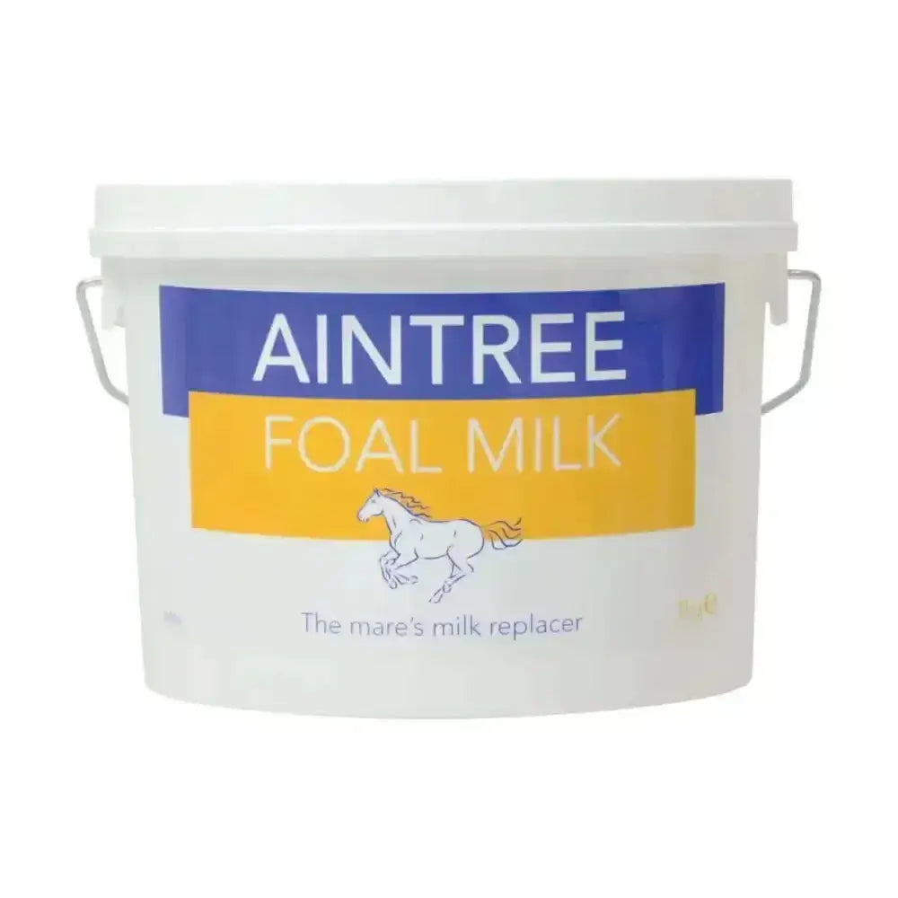 White plastic bucket of aintree foal milk with blue yellow label for orphan foals and insufficient mares milk replacer