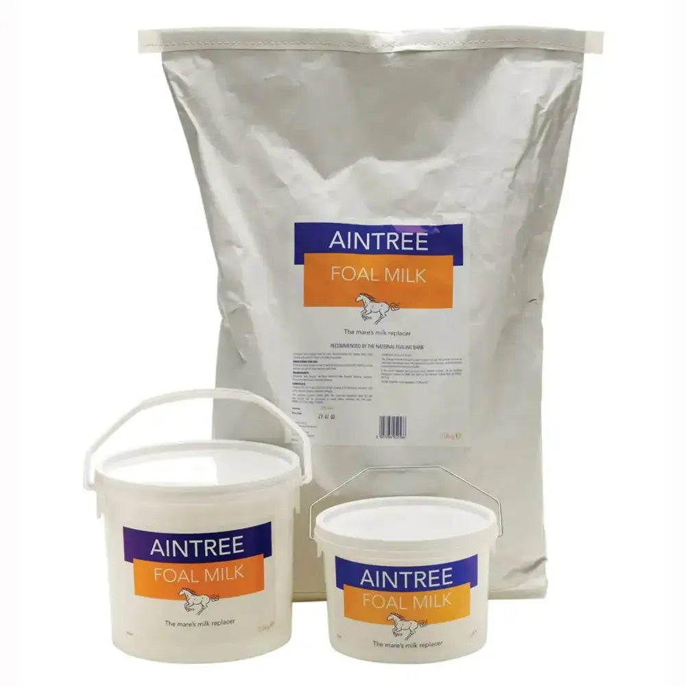 Aintree foal milk in a large silver foil bag and two white buckets with blue and orange labels for orphan foals and insufficient mares milk