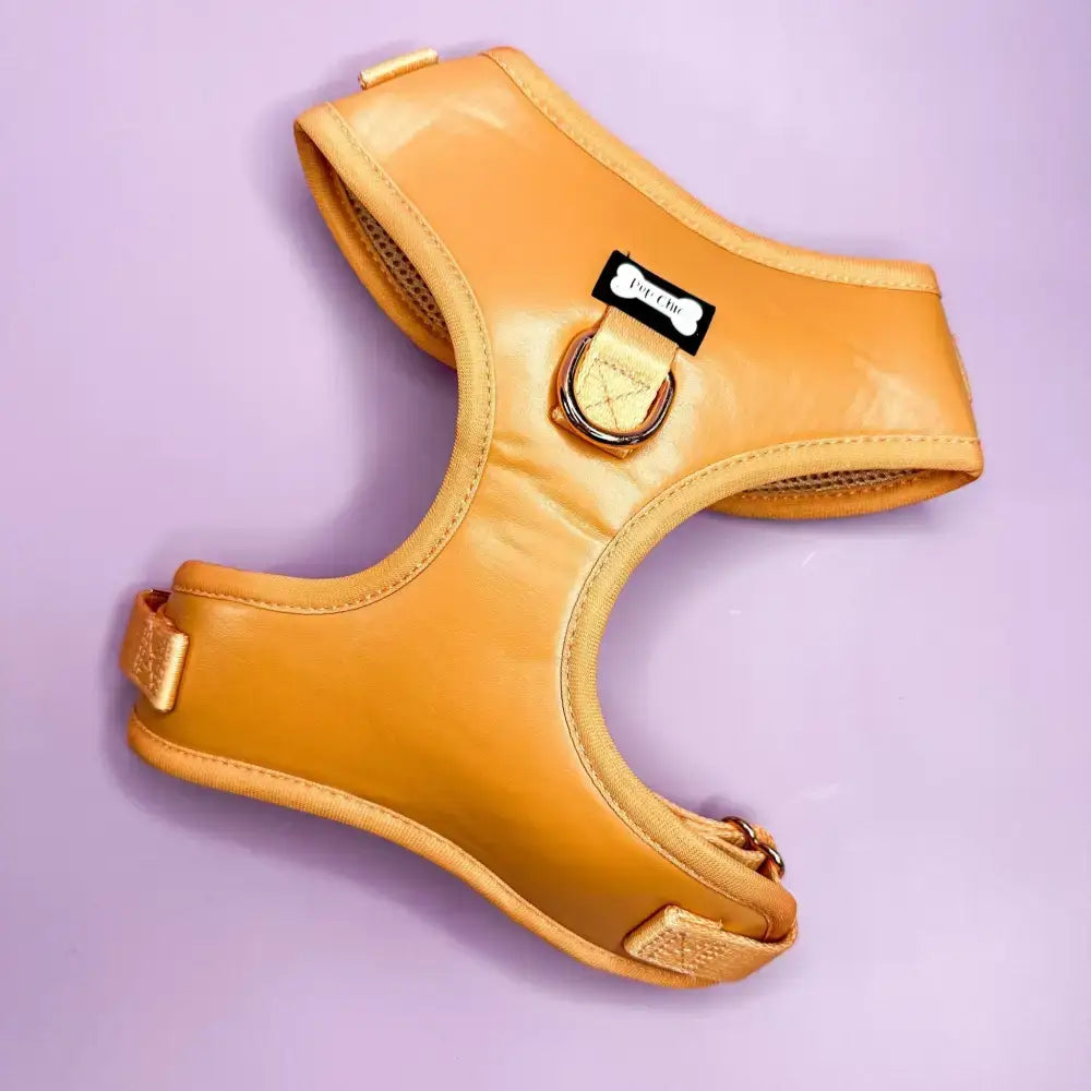 A shiny mustard-yellow alfresco pup faux leather dog harness with gold hardware and a black bone tag from pup chic boutique