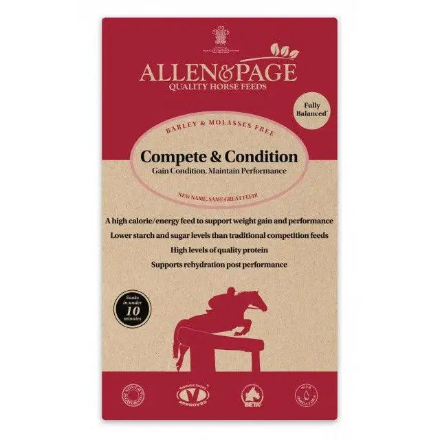 Allen & page compete and condition horse feed package in red and beige with a jumping horse rider silhouette for calm and condition
