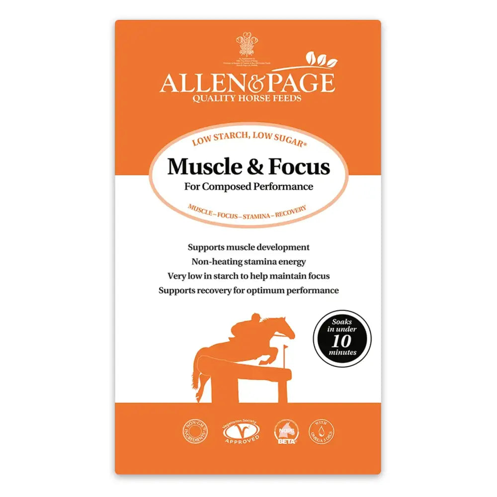 Allen & page muscle & focus horse feed supplement in orange and white packaging for healthy muscle development and recovery horses needing high starch diets