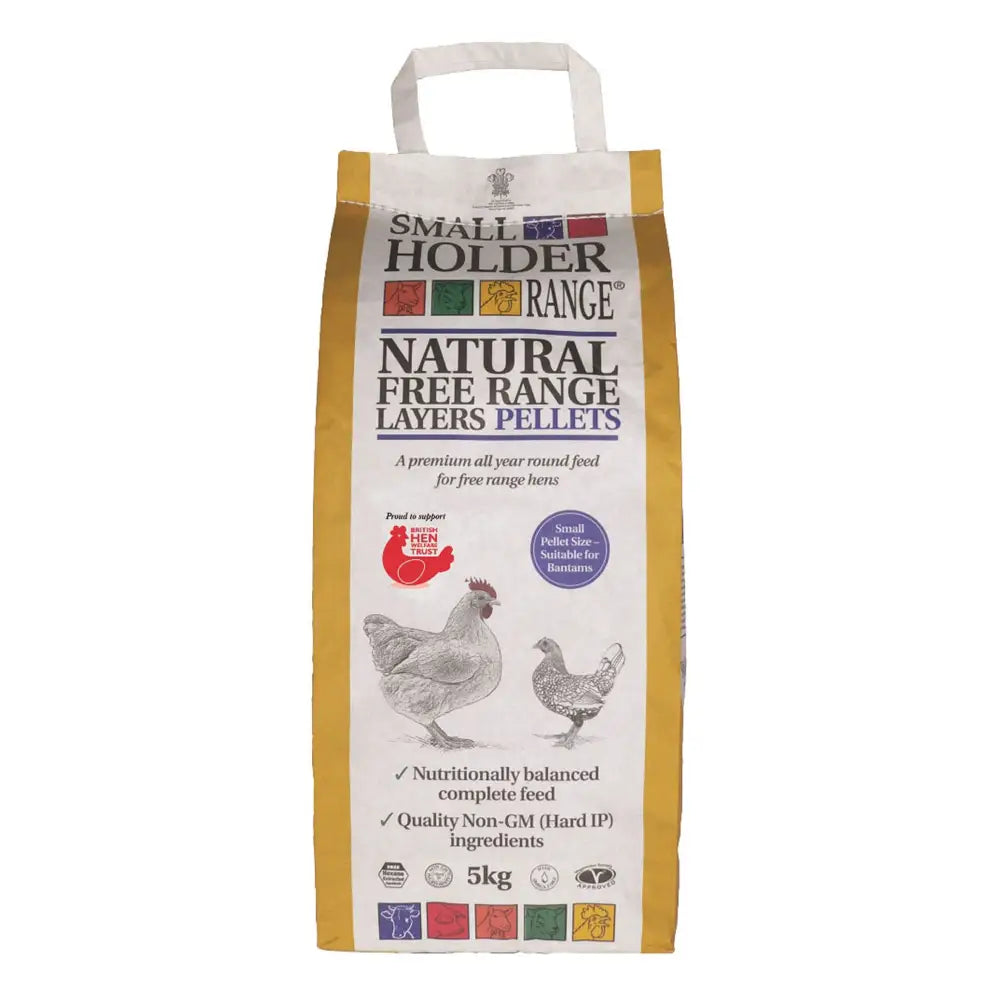 A yellow and white 5kg bag of allen and page natural free range layers pellets for smallholder range layers feed