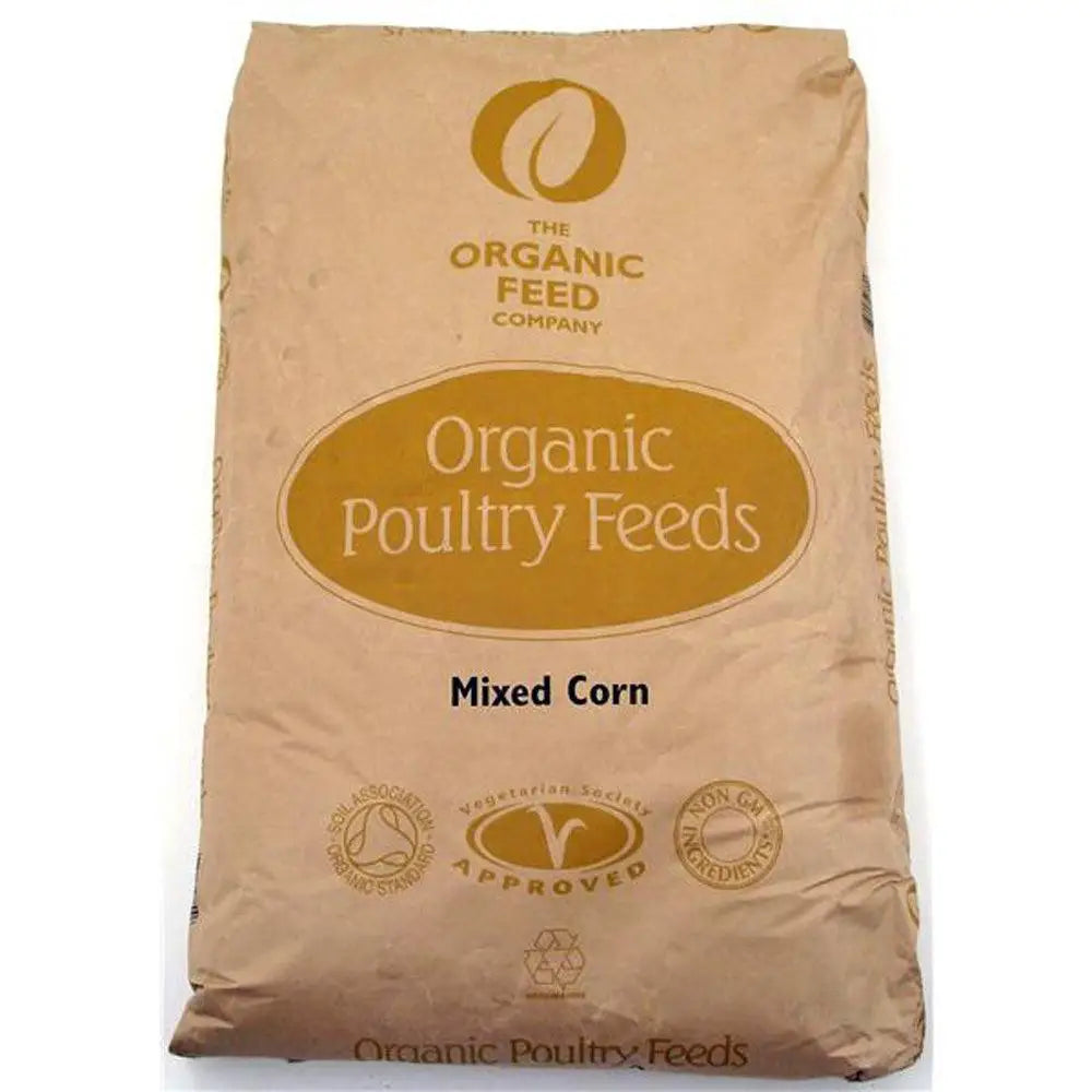 Brown paper bag of allen & page organic feed company mixed corn with gold lettering and organic certification logos
