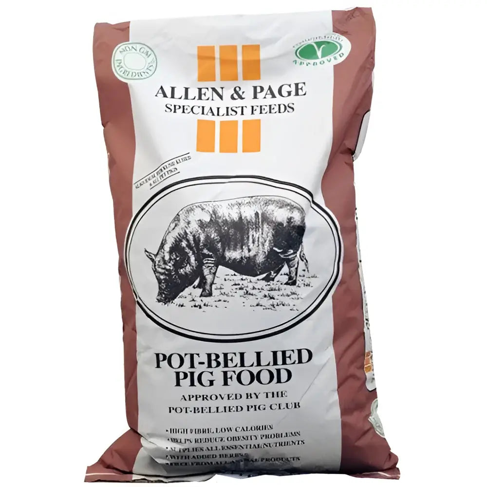 Brown and white allen and page bag of pot bellied pig food with black and white pig illustration and sugar beet ingredients
