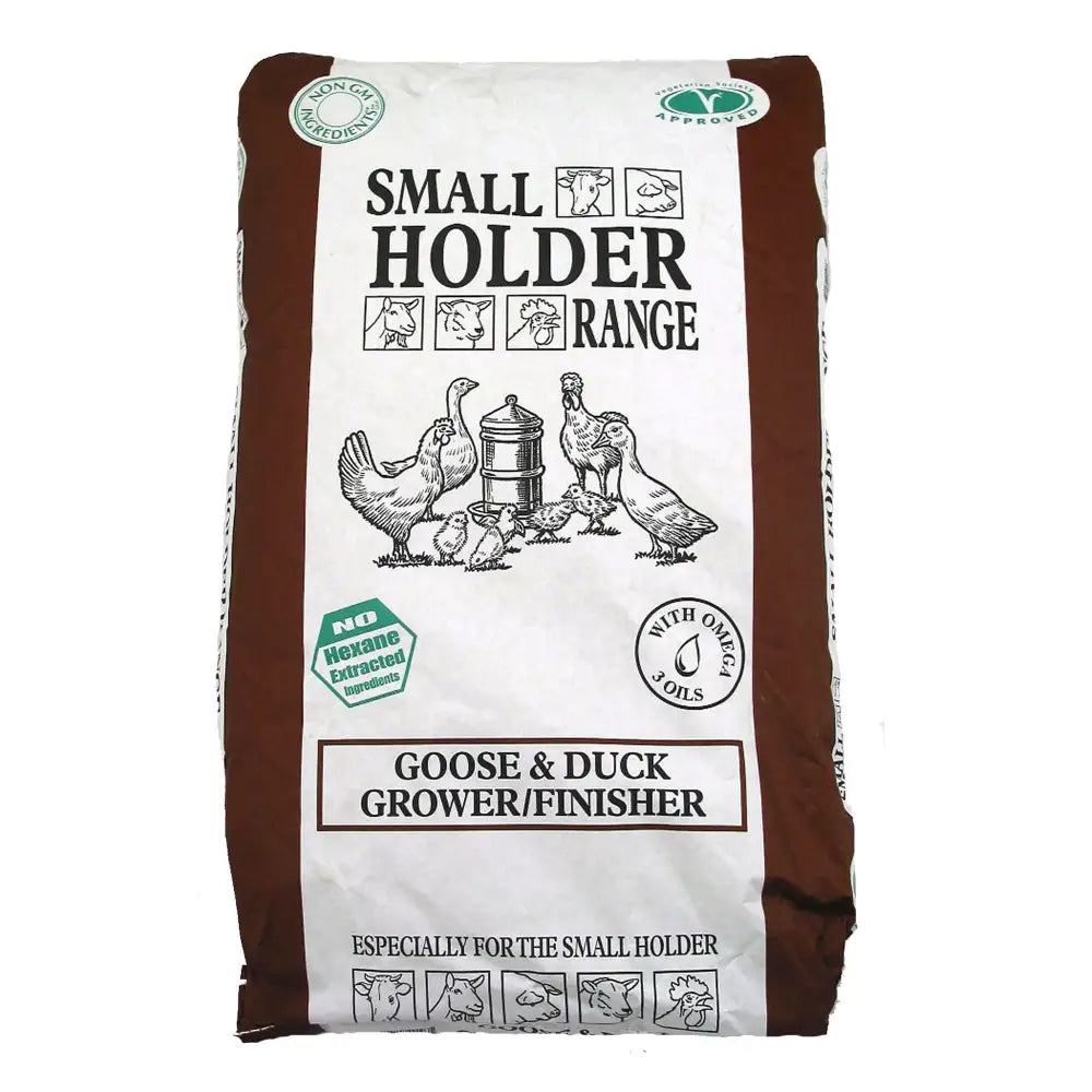 Brown and white bag of Allen & Page smallholder range goose and range duck grow finish pellets feed for smallholders
