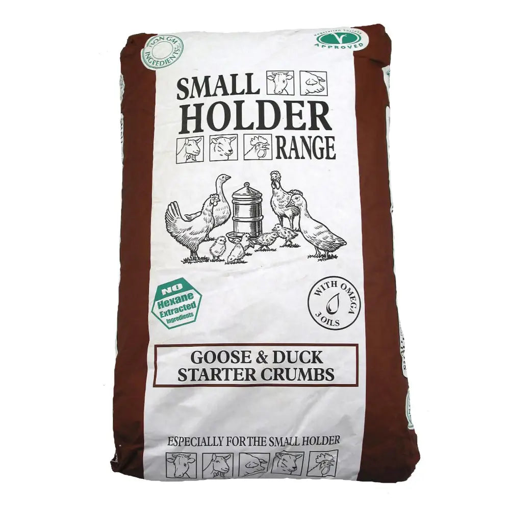 Brown and white bag of Allen & Page smallholder range goose and duck starter crumbs for young waterfowl feed