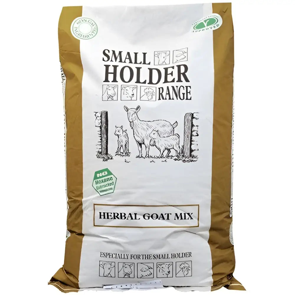Brown and white bag of Allen & Page small holder range herbal goat mix for smallholders feeding goats naturally