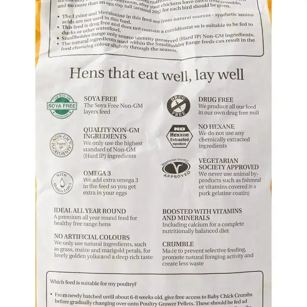 A white and yellow bag of allen & page free range layers crumble with soya-free non-gm omega-3 poultry feed