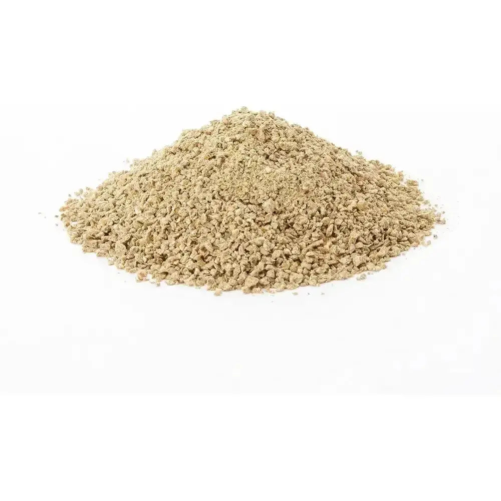 A mound of finely ground light brown powder from allen and page range layers crumble for free range layers feed