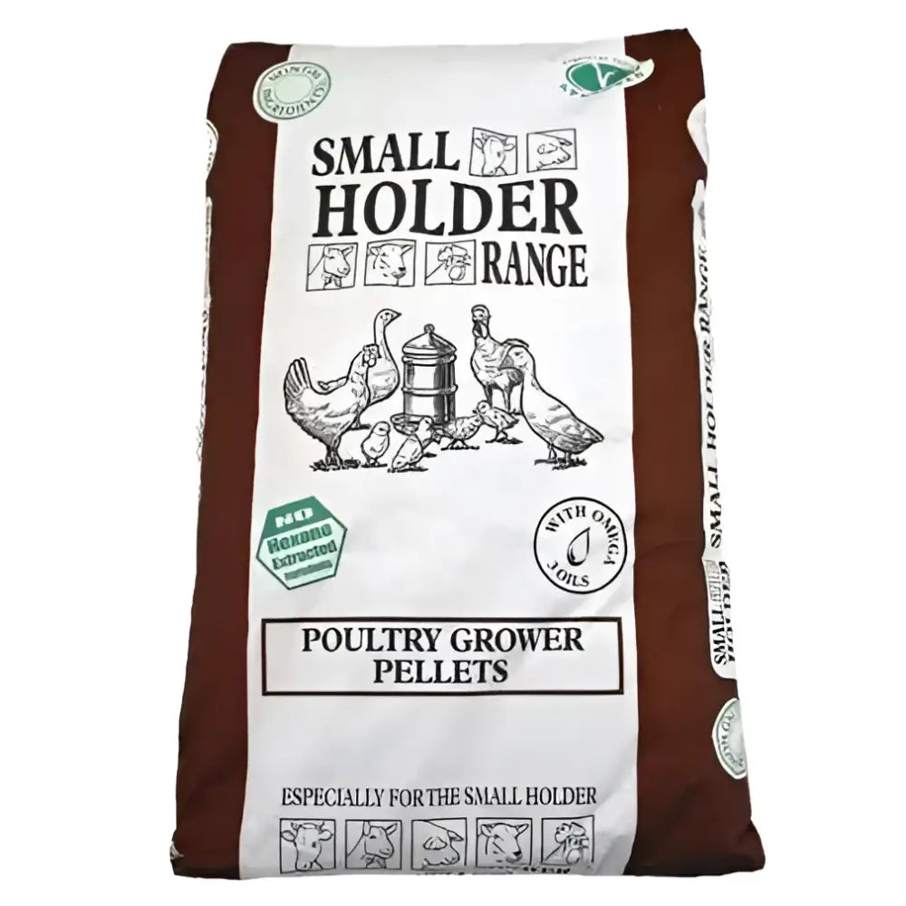 Brown and white bag of allen & page smallholder range poultry growers pellets for healthy poultry growth