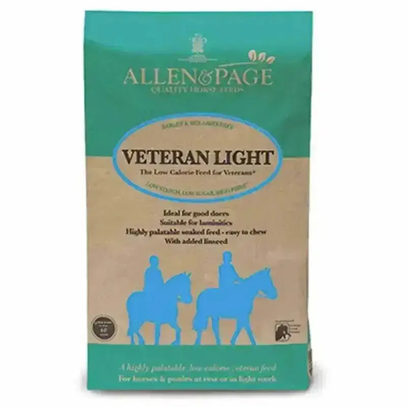 A teal and beige bag of allen & page veteran lite low calorie feed with blue horse rider silhouettes