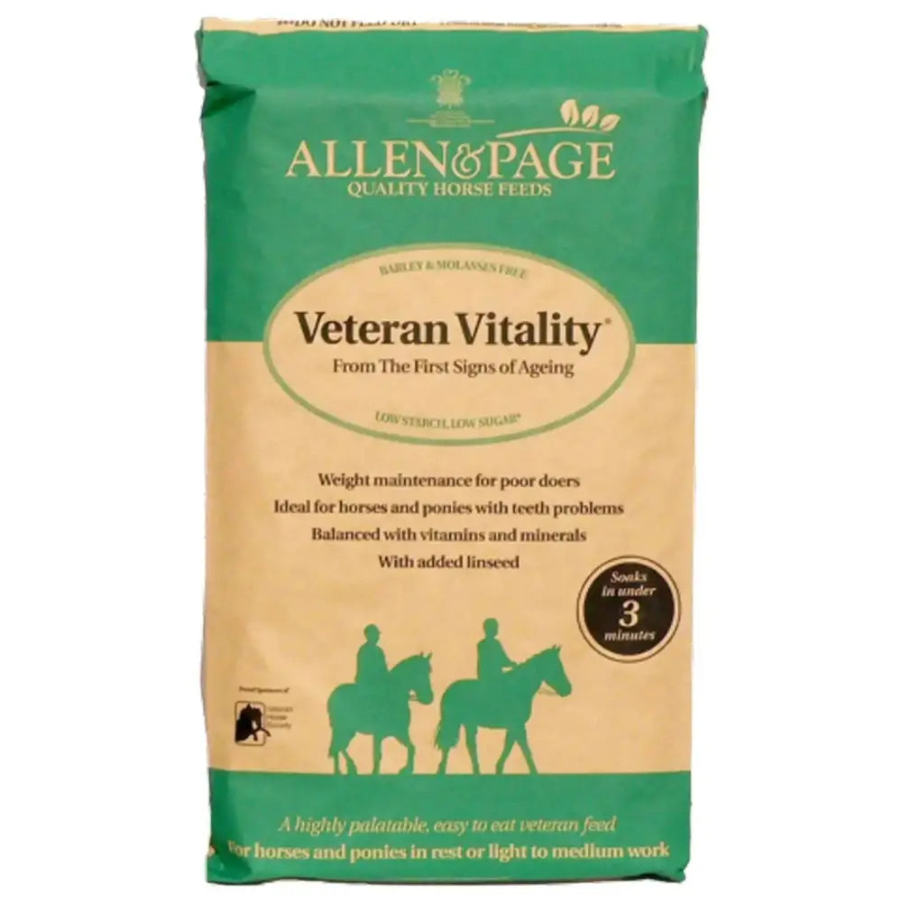 Allen & page veteran vitality horse feed package in green and beige with horse and rider silhouettes for older horses weight maintenance