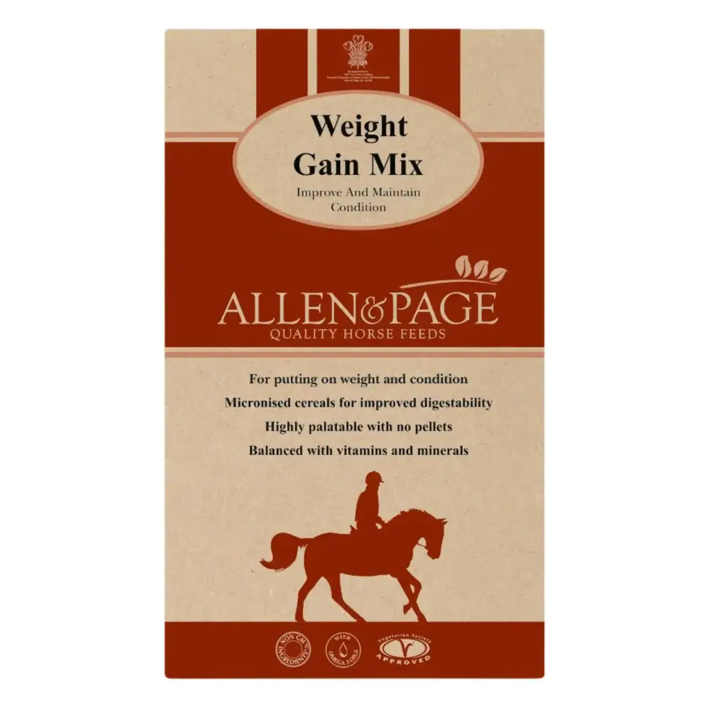 Allen & page weight gain mix in a red and beige package featuring a horse and rider for high calorie nutrition