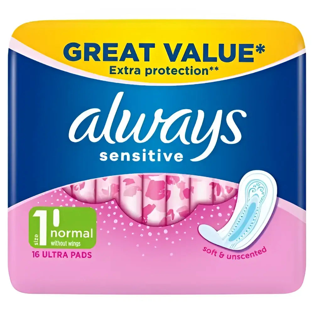 Always sensitive normal ultra pads in pink and blue floral packaging designed for sensitive normal use