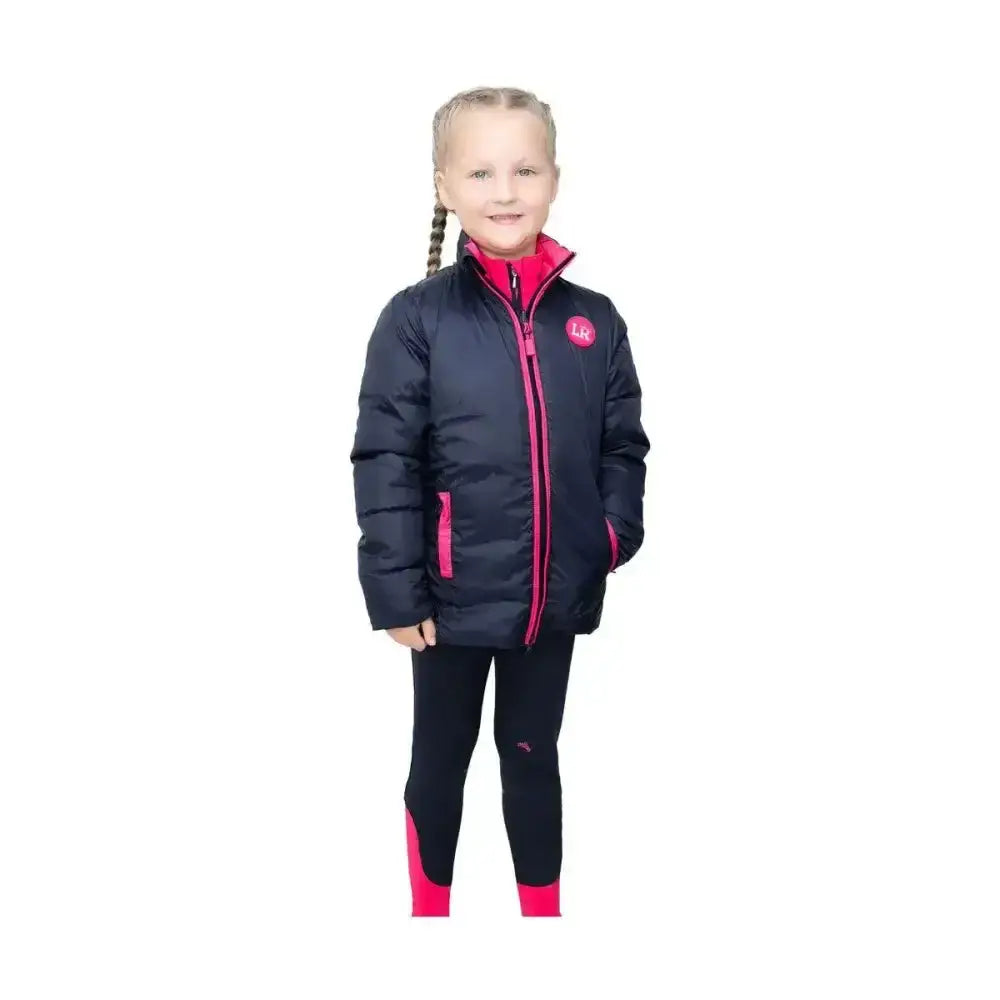 Navy blue analise reversible padded jacket by little rider with pink zipper trim and logo on left chest