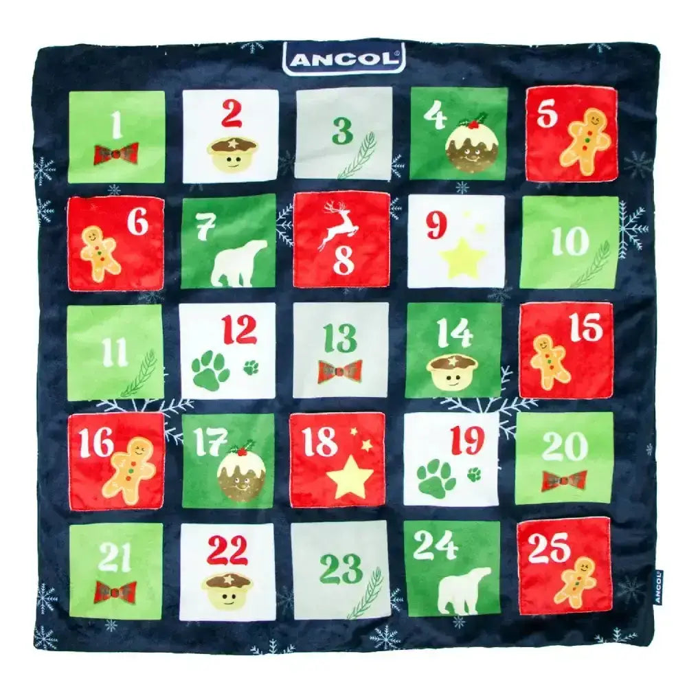 Dark blue plush ancol advent snuffle mat with 25 festive numbered squares and fun holiday illustrations
