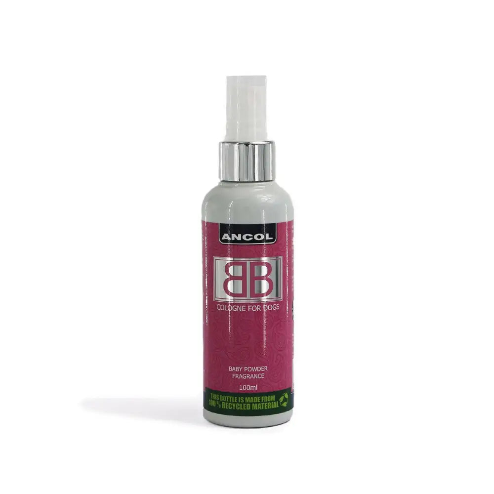 A sleek 100ml ancol bb cologne spray bottle for dogs with vibrant pink label silver accents and metallic nozzle pet fragrances
