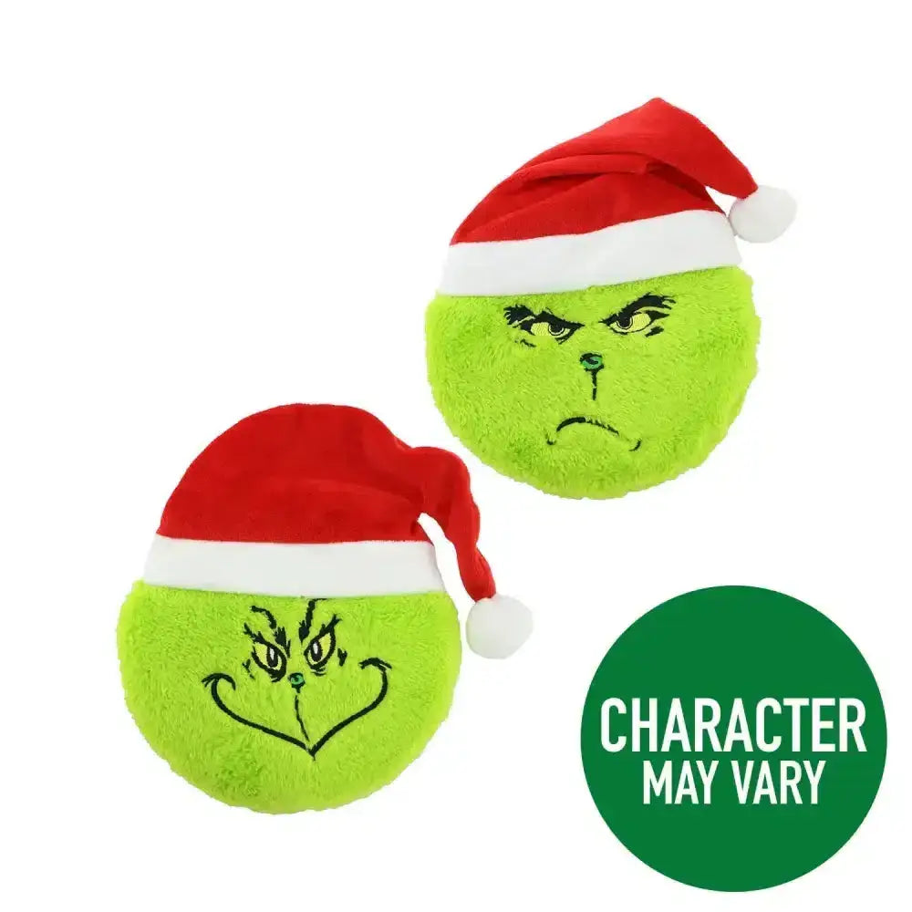 Two lime green plush ancol grumpy christmas flingers with embroidered faces and red santa hats dog toys