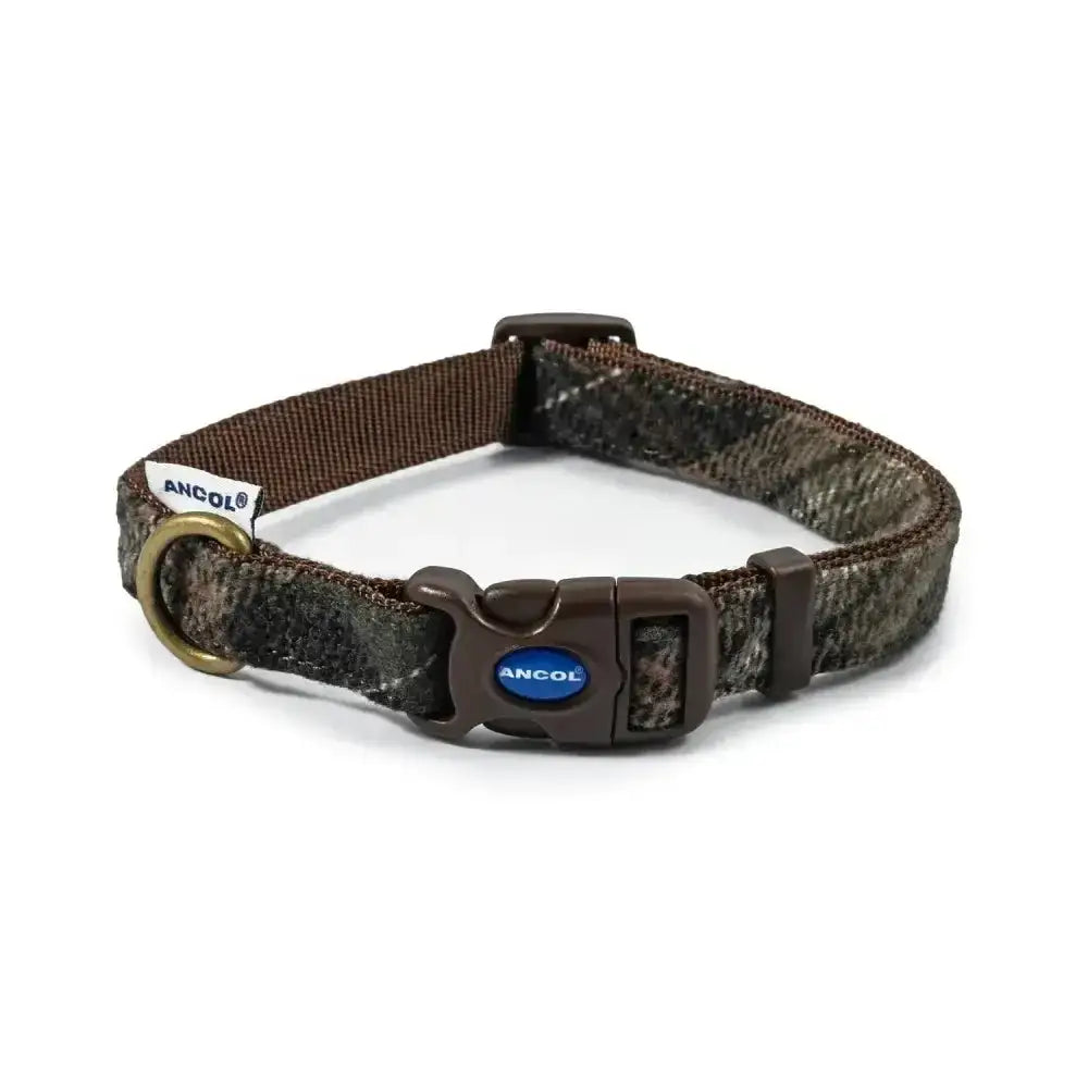 Brown camouflage pattern ancol heritage collection adjustable collar with plastic buckle and brass metal ring