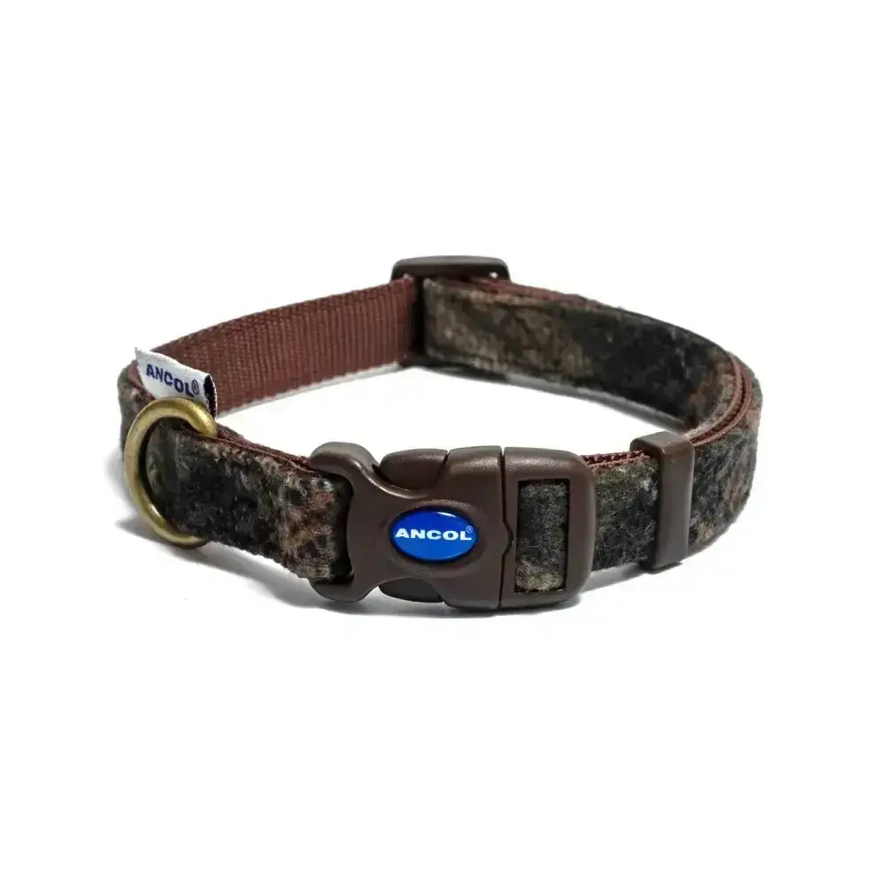 Brown camouflage ancol heritage collection adjustable collar with brass buckle and plastic fastener in country inspired fabrics