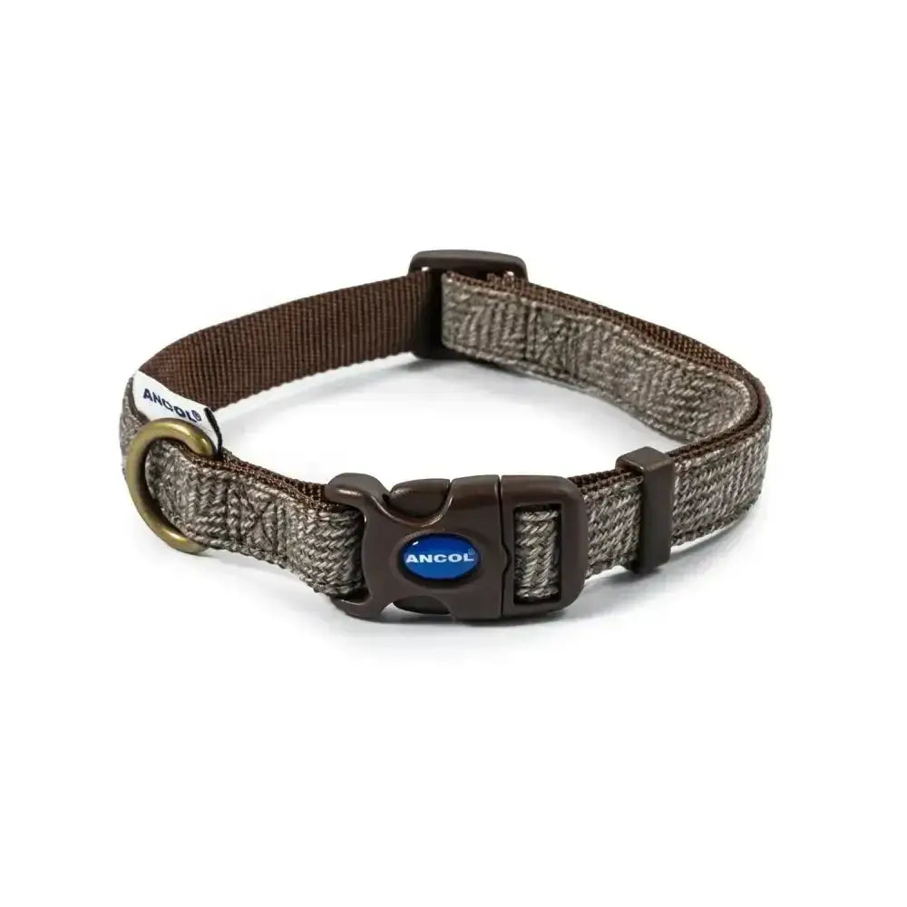 Brown woven adjustable collar herringbone from ancol heritage collection with black buckle and brass d-ring