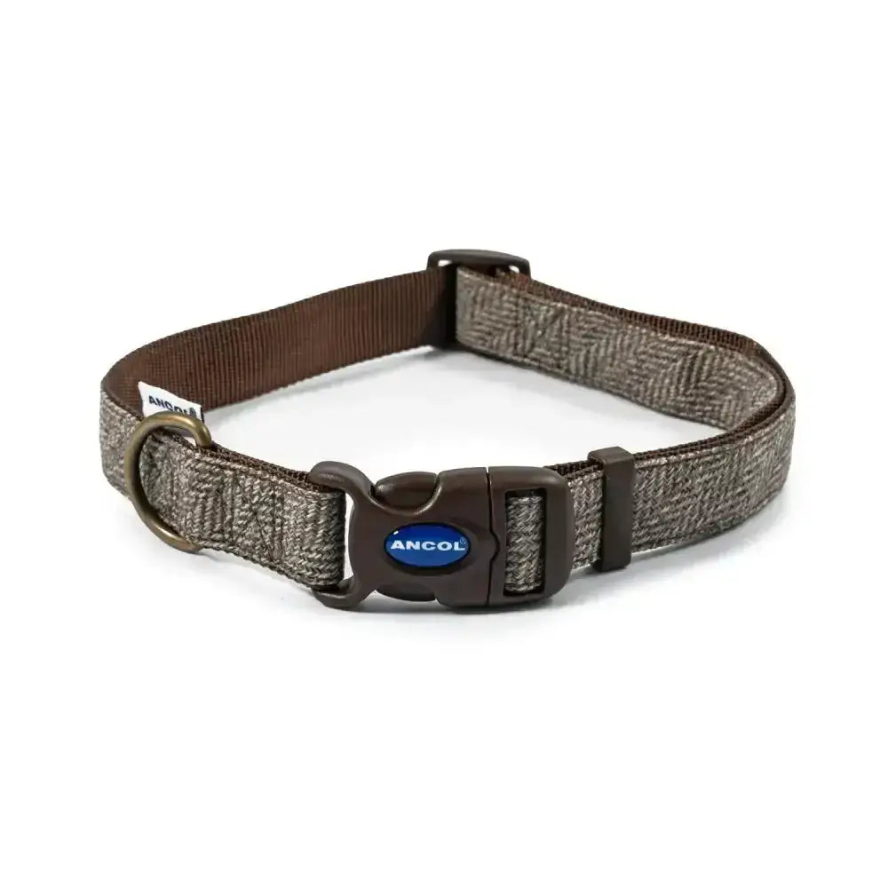 Brown herringbone ancol heritage collection adjustable collar with black buckle and metal d-ring for dogs