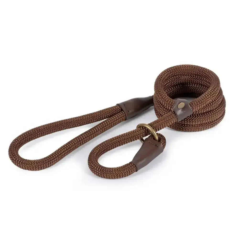 Brown braided rope dog leash with leather handles and metal clasp from ancol heritage collection deluxe slip lead