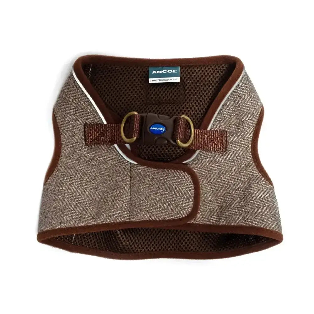 Brown herringbone mesh dog harness with adjustable buckle from ancol heritage collection heritage collection harness