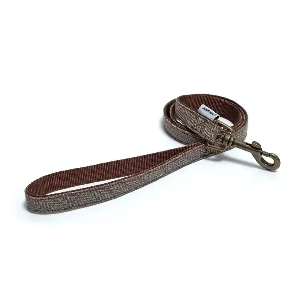Brown herringbone ancol heritage collection lead herringbone dog leash with sturdy metal clasp and branded tag using country inspired fabrics