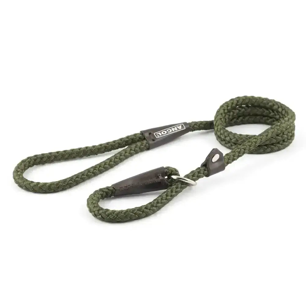 Olive green braided rope dog leash with dark brown leather handle and ancol tag from the ancol heritage collection slip lead
