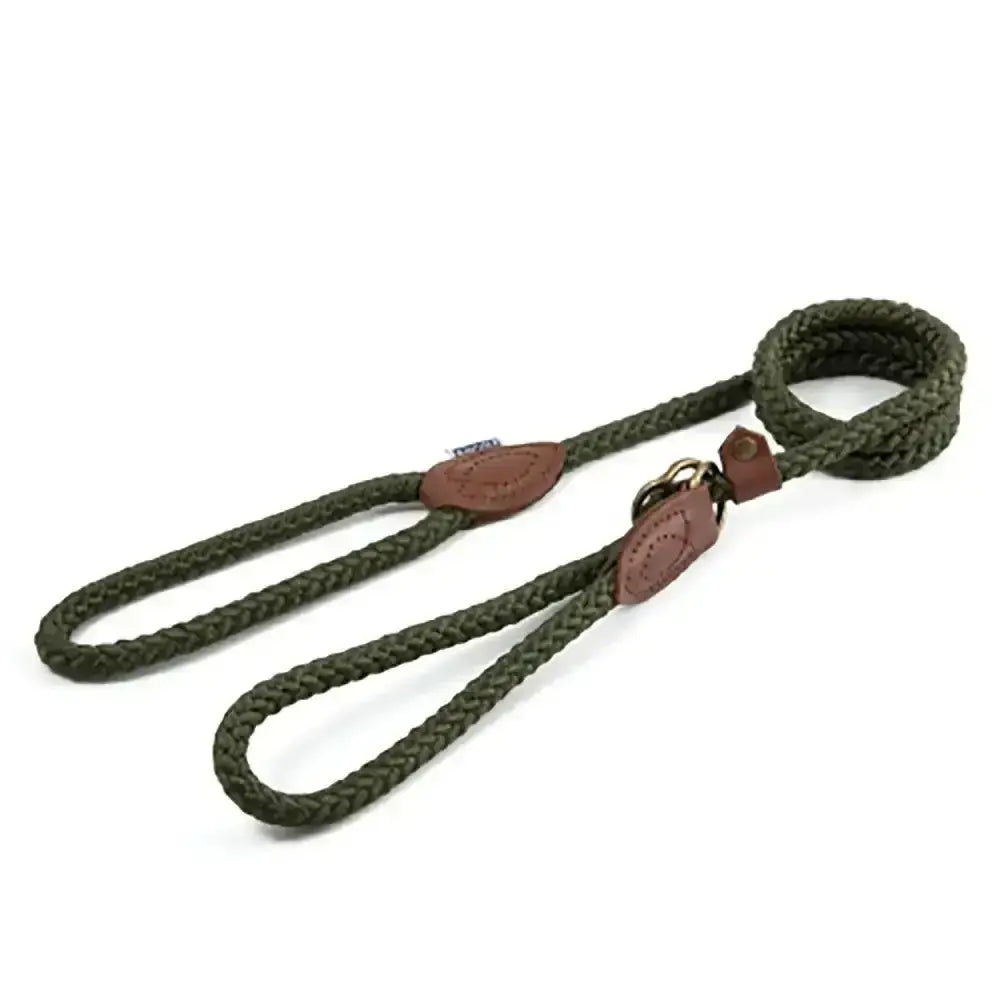 Olive green braided slip lead with brown leather accents and metal clasp from ancol heritage collection head halter