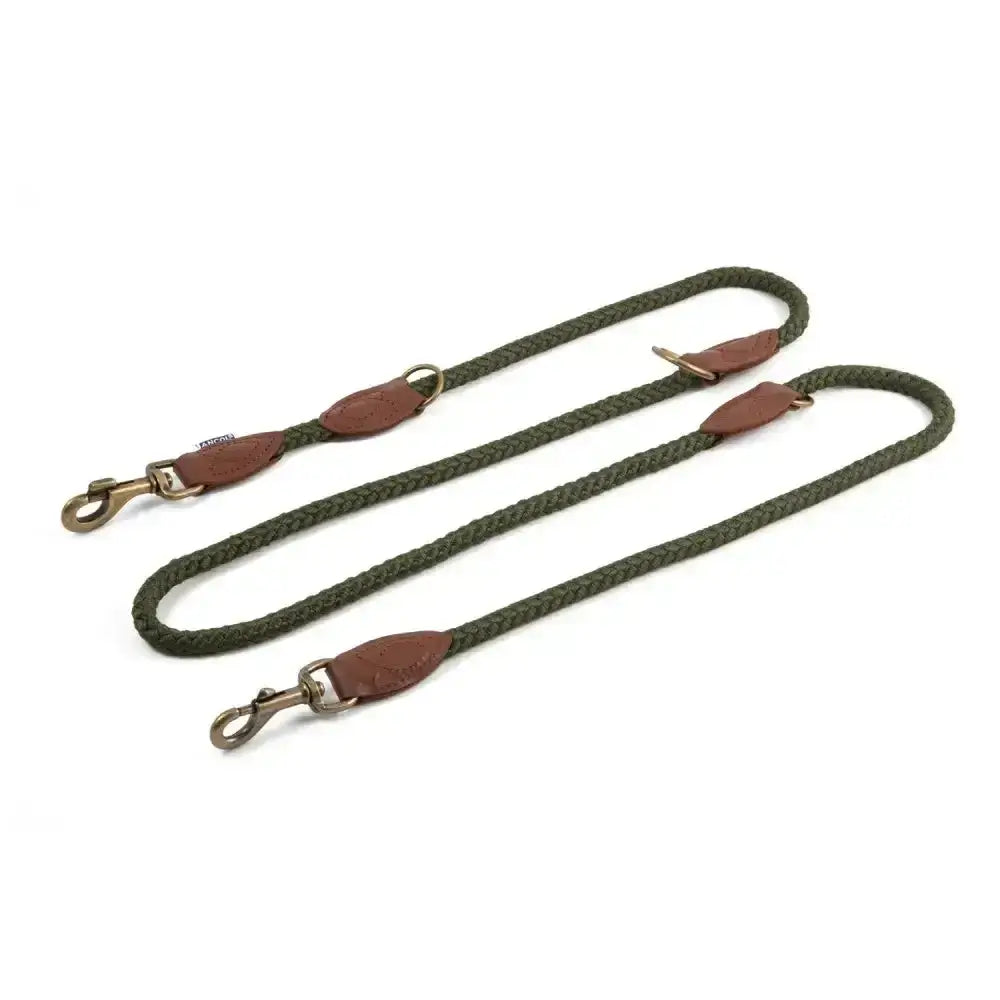 Olive green braided rope leash with brown leather accents and metal hardware from ancol heritage collection training lead