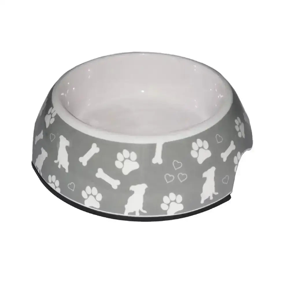 Gray ceramic ancol hungry paws feeding bowl with white paw prints bones and dog silhouettes on the exterior