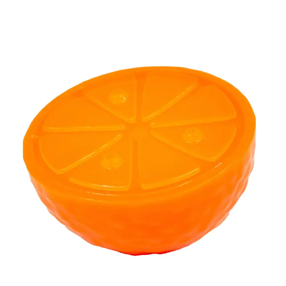 Vibrant orange citrus-shaped translucent soap bar with embossed segments from ancol ice paws orange cooling toy