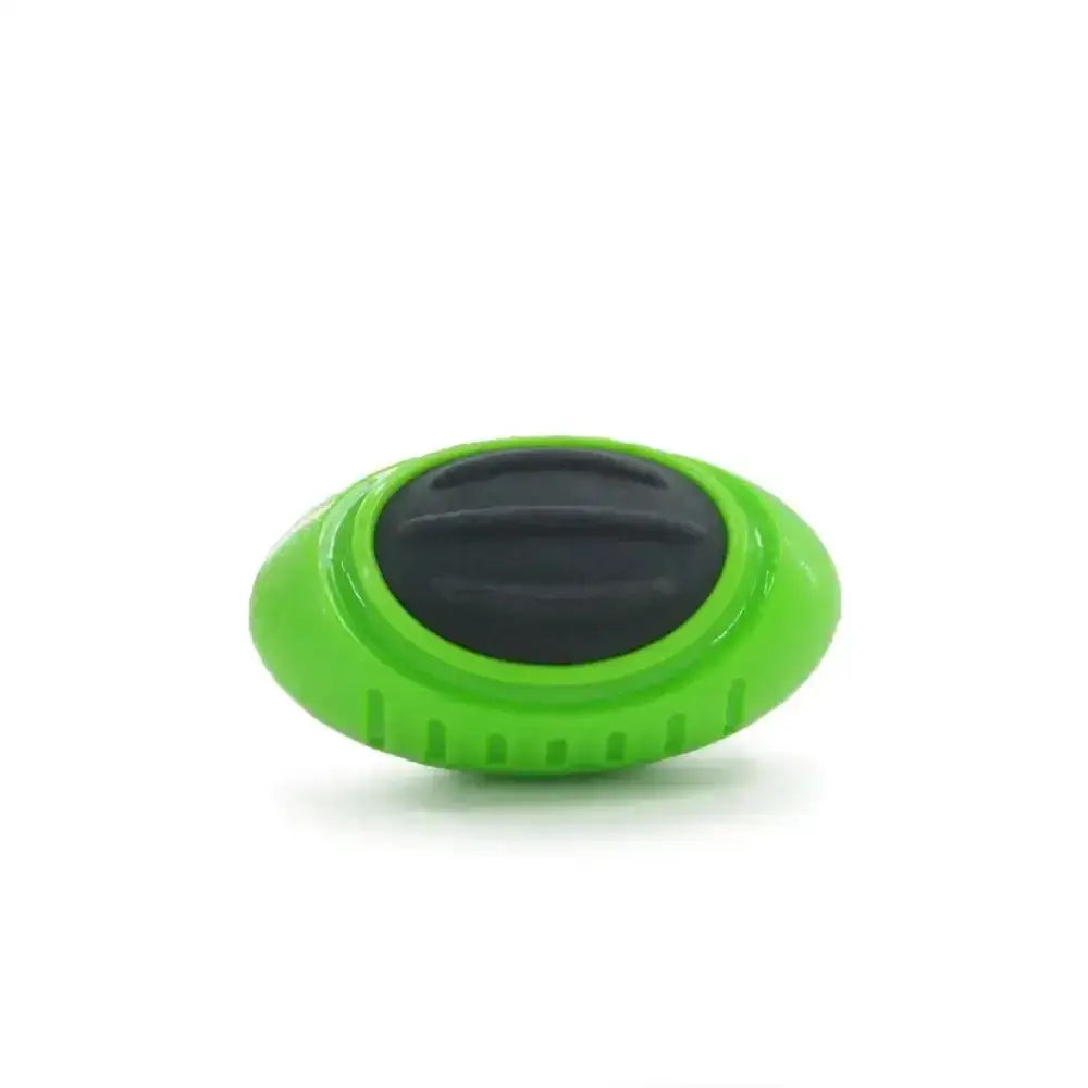 Vibrant green and black oval ancol jawables rugby ball dog toy with textured grip made of high-density polymer material
