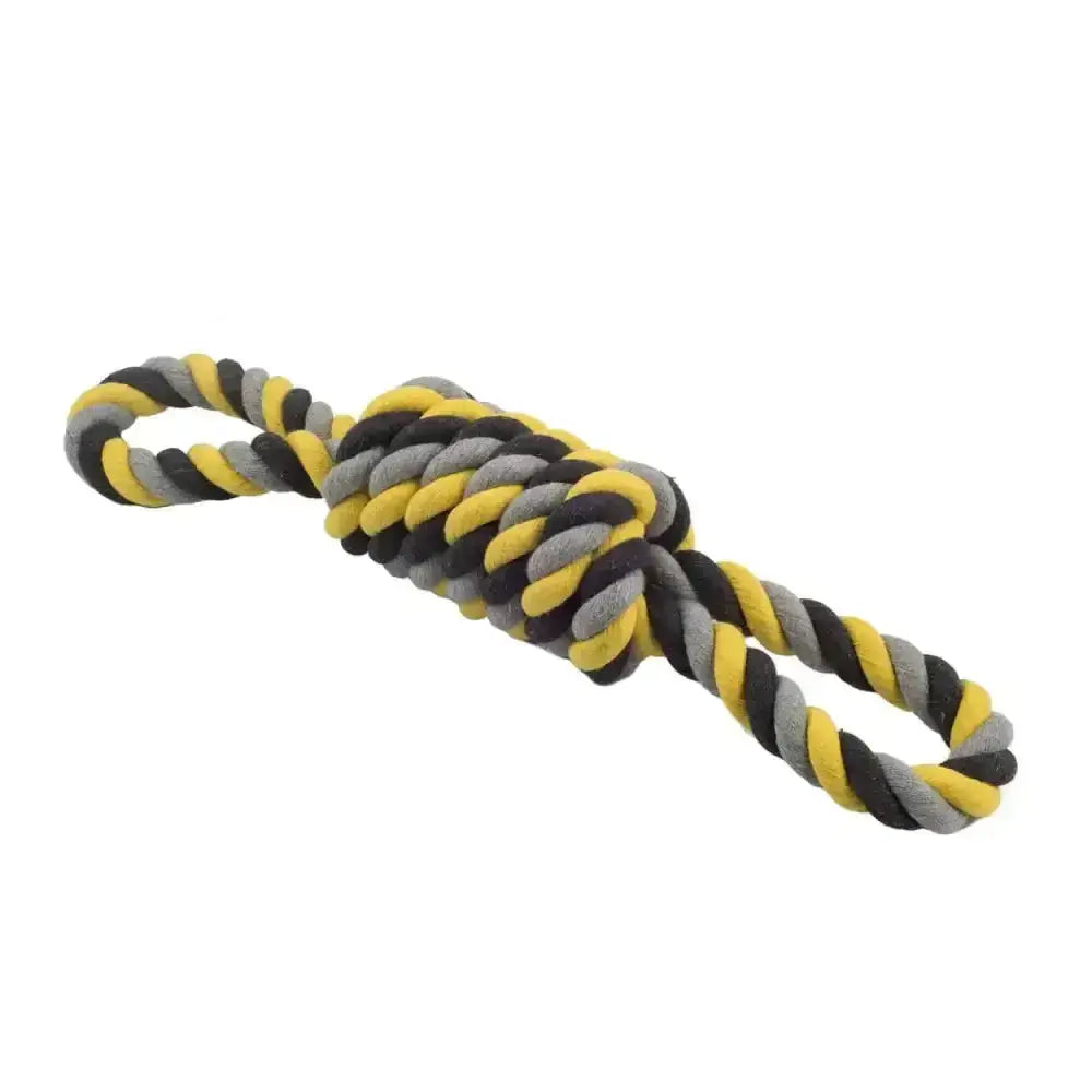 Yellow black and gray twisted rope ancol jumbo jaws coil tugger dog toy for strong play and tugging fun