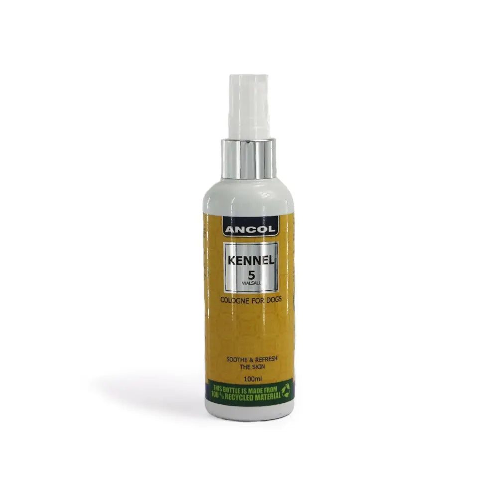 A sleek white and gold ancol kennel 5 cologne for dogs with silver nozzle offering uplifting floral scents for instant sophistication
