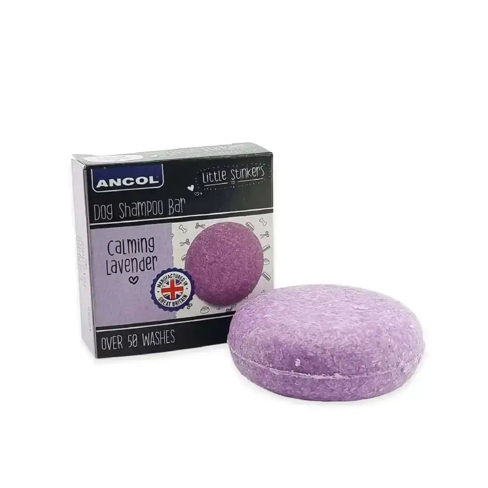 Purple circular dog shampoo bar from ancol stinkers dog shampoo calming lavender for over 50 washes
