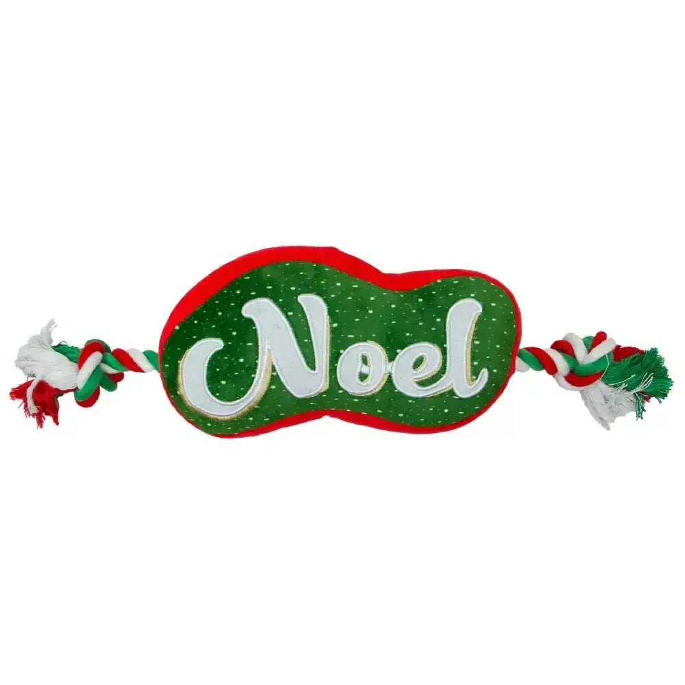 Green and red plush candy-shaped ancol noel rope tugger dog toy with noel in white cursive lettering