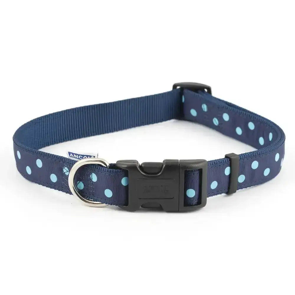 Navy polka dot dog collar from ancol patterned collection with light blue dots and black plastic buckle