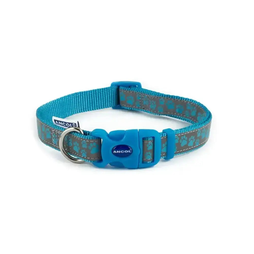 Bright blue and gray nylon ancol patterned collection collar with reflective paw blue design and matching plastic buckle