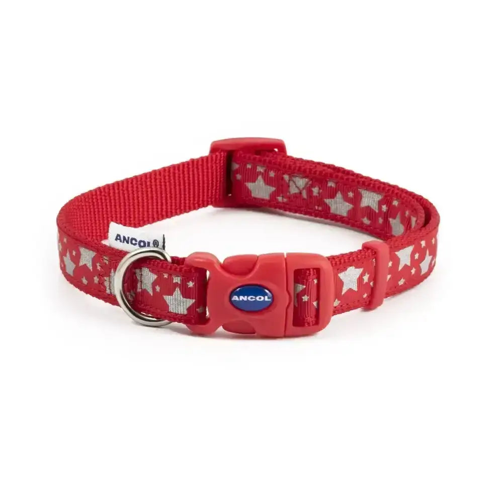 Red star patterned ancol patterned collection collar reflective star red with plastic buckle and metal d-ring