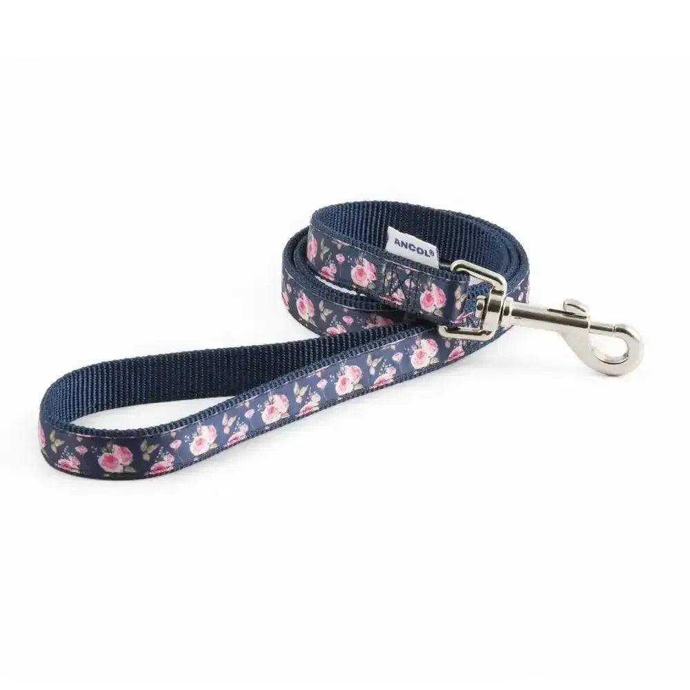 Navy blue leash with pink floral pattern and silver clasp from ancol patterned collection lead navy rose
