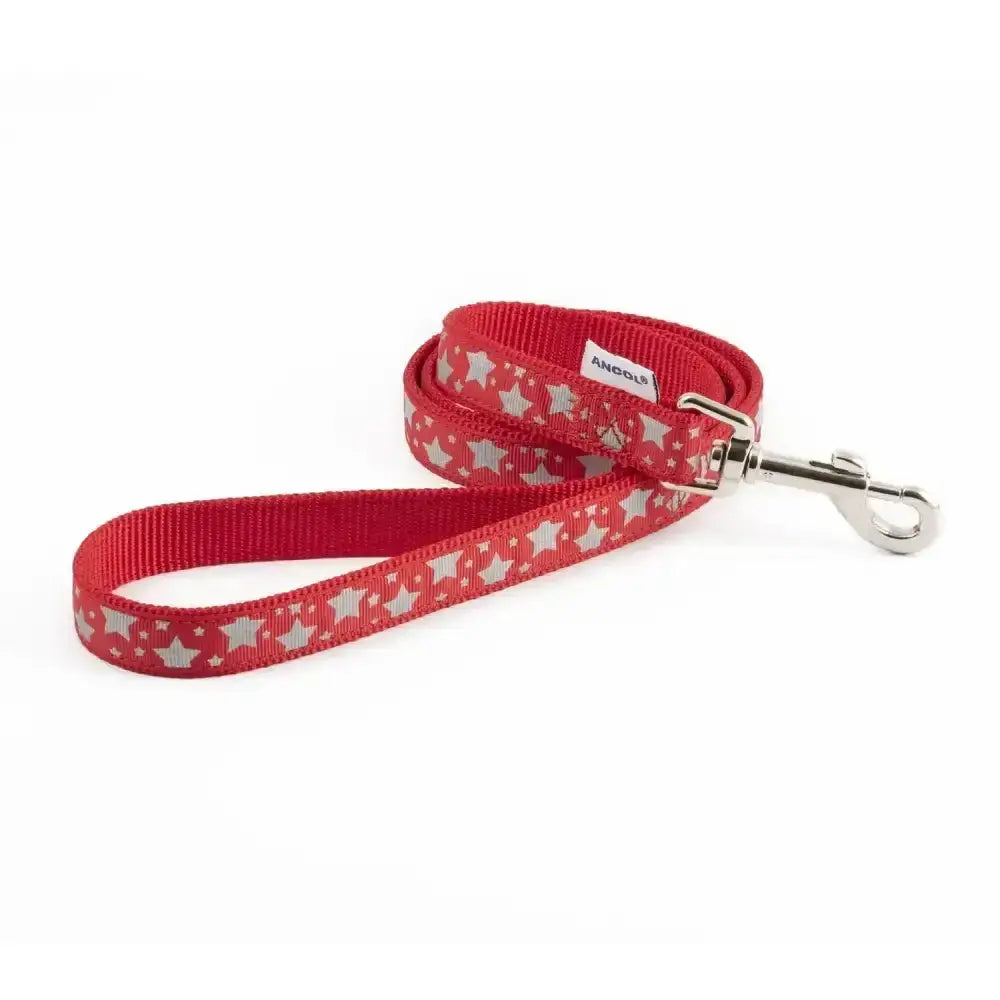 Red dog leash from ancol patterned collection lead with silver star pattern and metallic clasp reflective star red