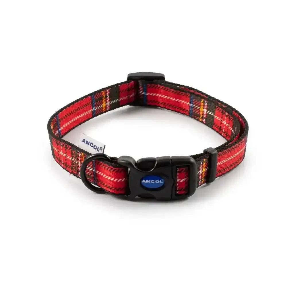 Red and black plaid dog collar from the ancol patterned collection tartan with black buckle and traditional tartan design