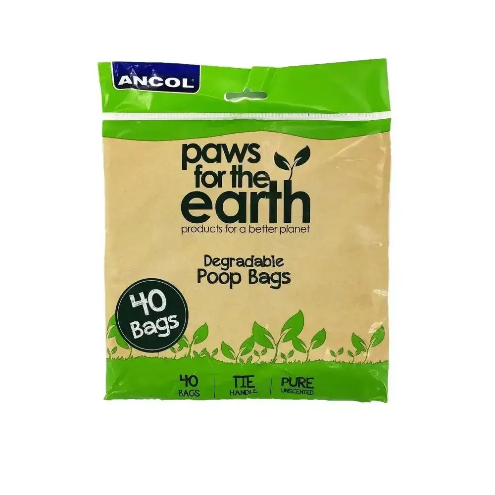 A pack of 40 ancol paws flat pack poop biodegradable bags with beige and green leaf design