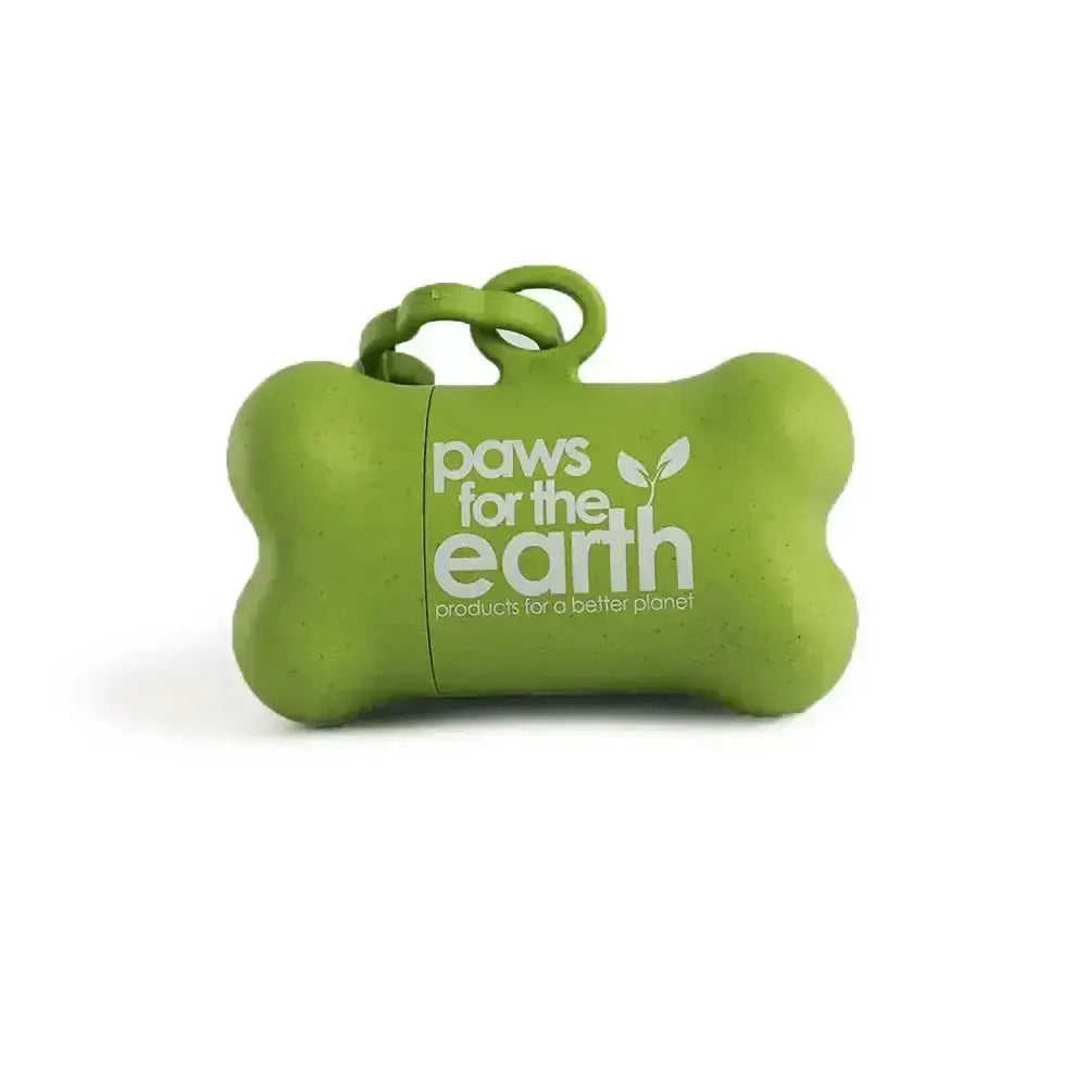 Green bone-shaped ancol paws for the earth plastic free poop bag dispenser with white branding and looped handle